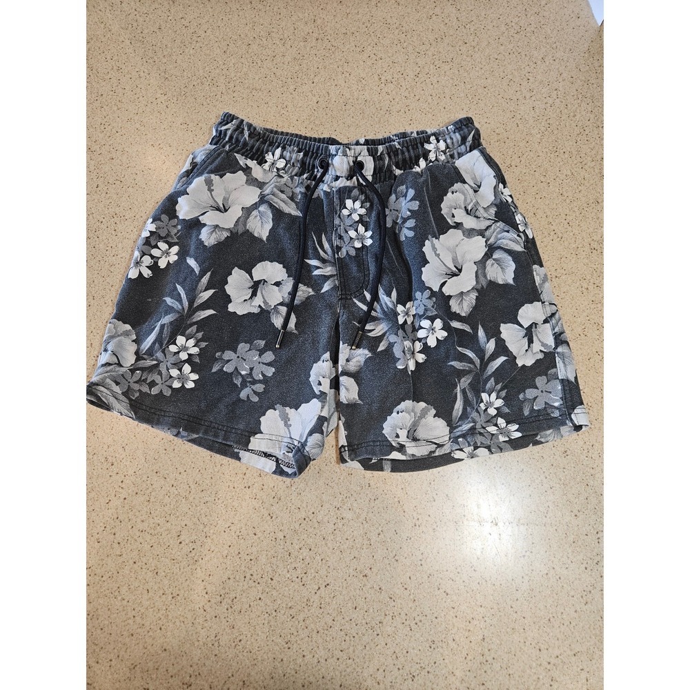 CSG Mens Floral Fleece Shorts Gray White Hibiscus Print Size Medium Drawstring